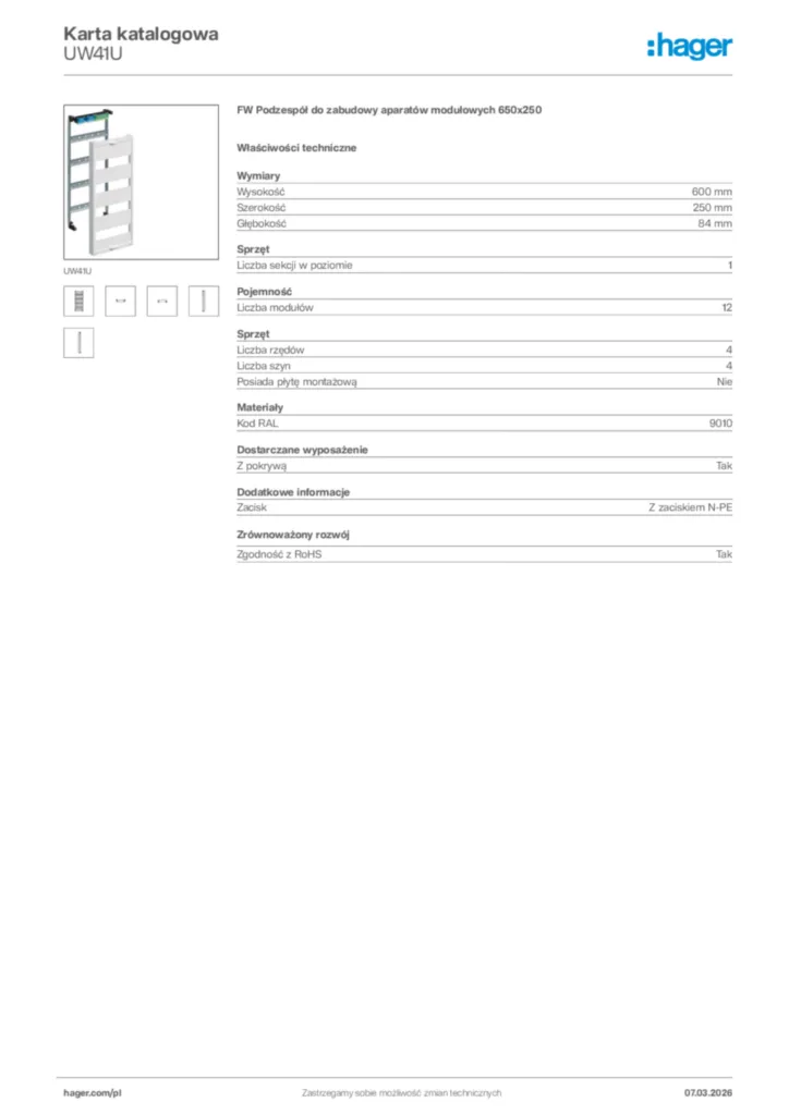 Zdjęcie Hager Karta katalogowa UW41U | Hager Polska