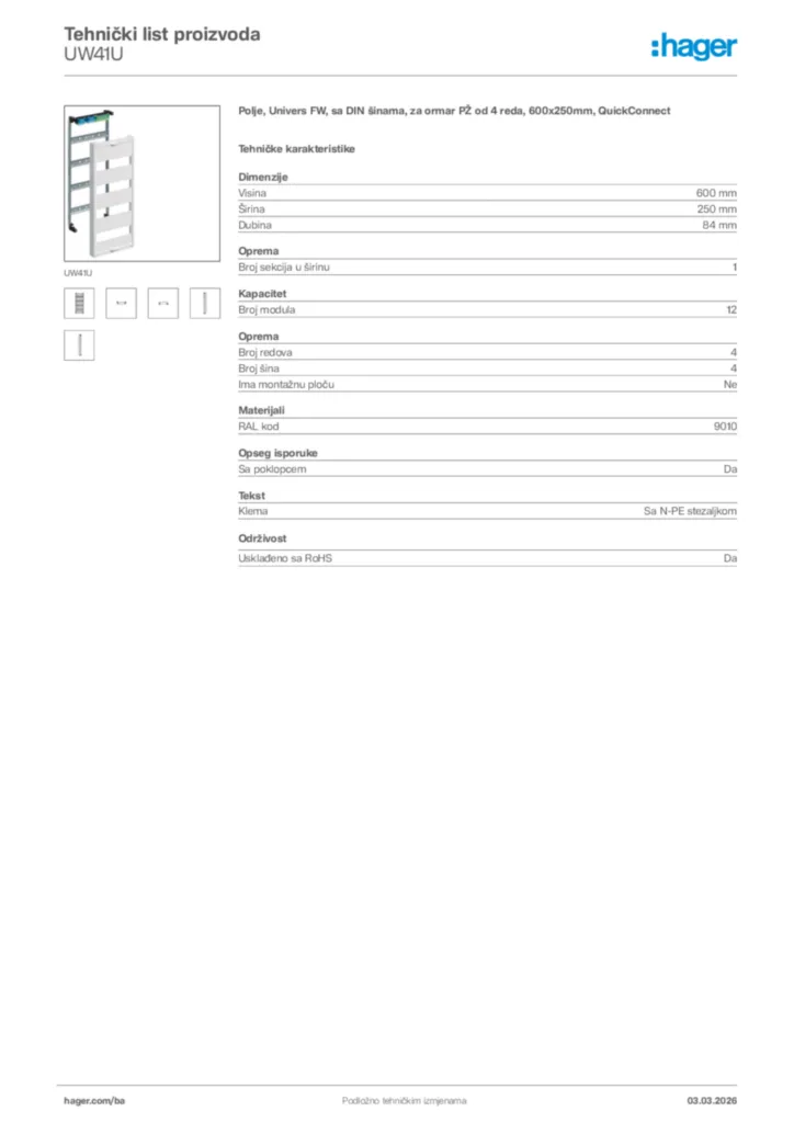 Slika Hager Tehnički list proizvoda UW41U  | Hager