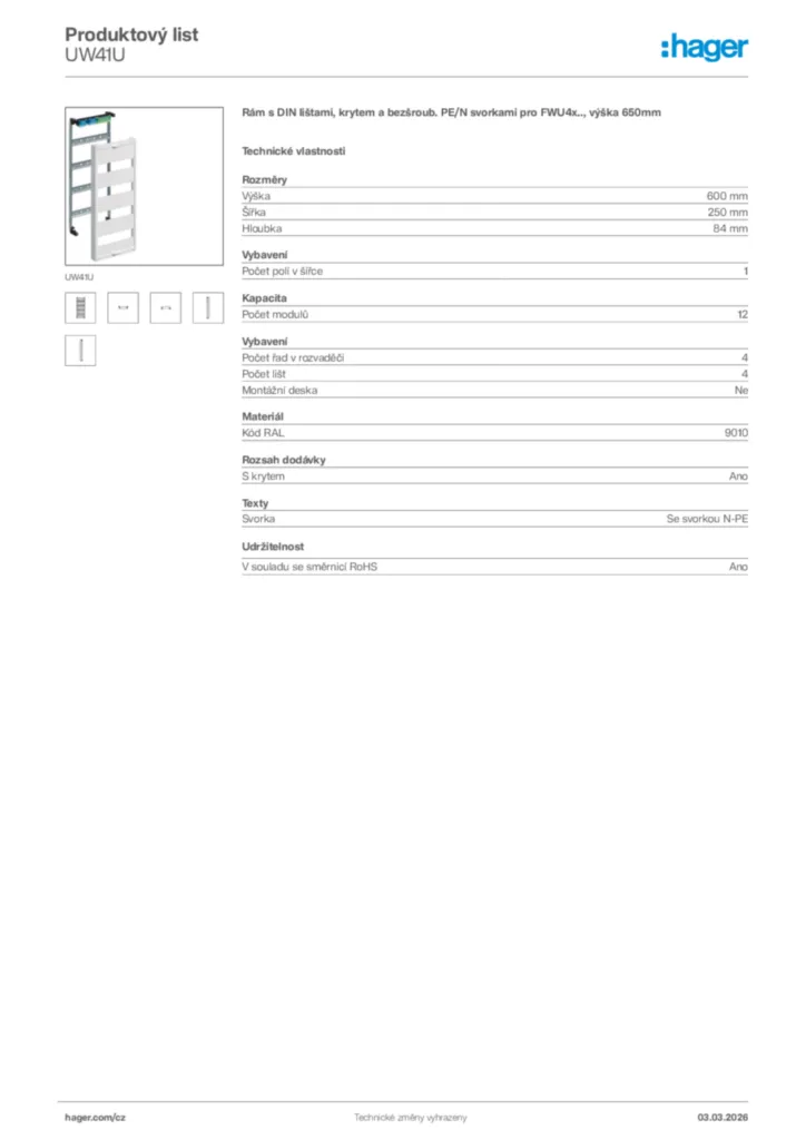 Obrázek Hager Product data sheet UW41U | Hager