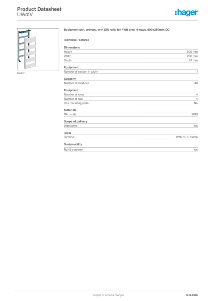 Image Hager Product data sheet UW41V  | Hager Africa