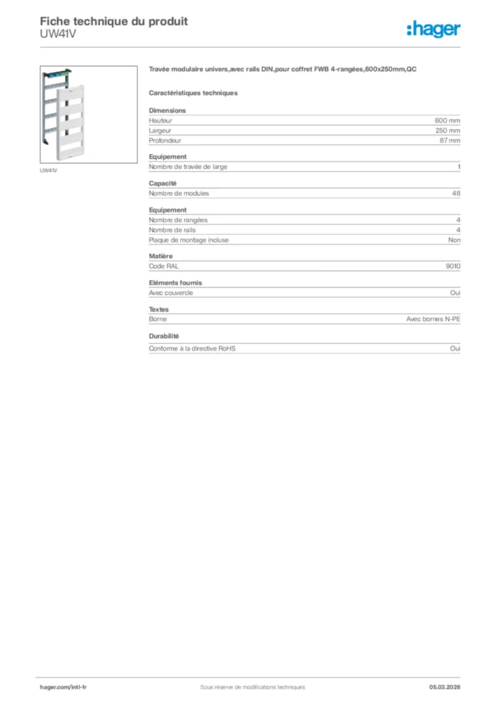 Image Hager Fiche technique du produit UW41V | Hager Afrique
