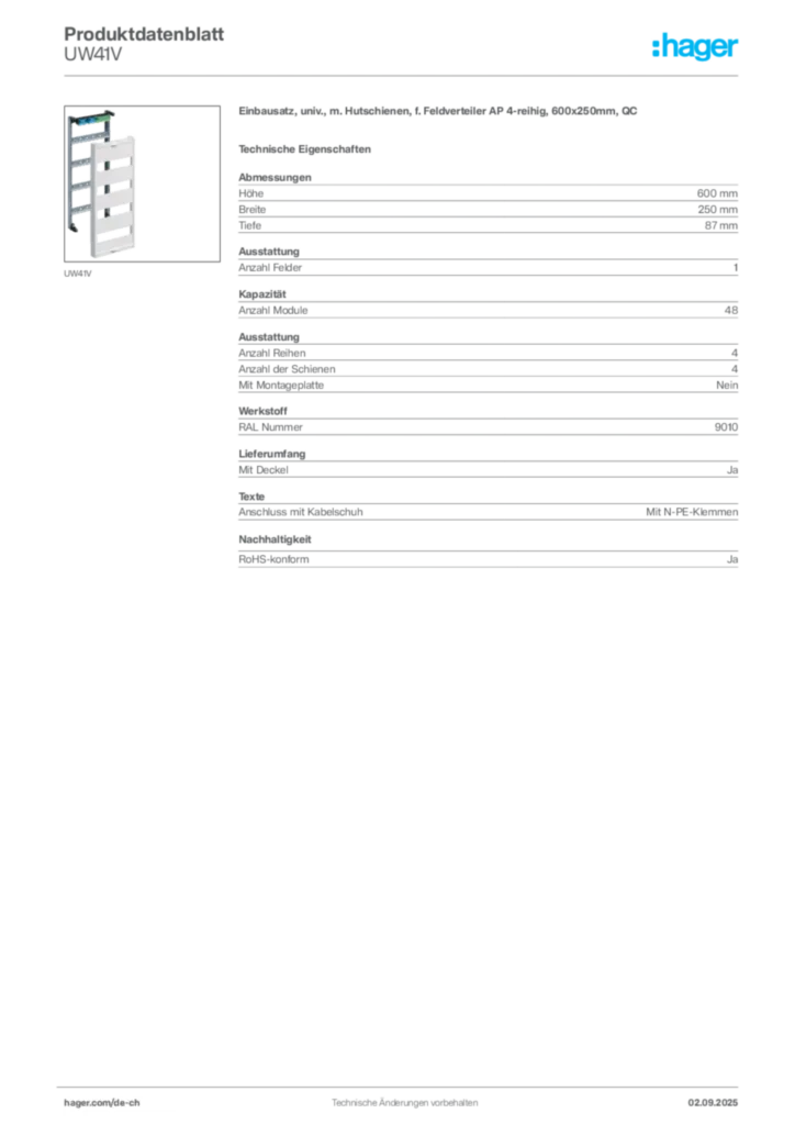 Bild Hager Produktdatenblatt UW41V | Hager Schweiz