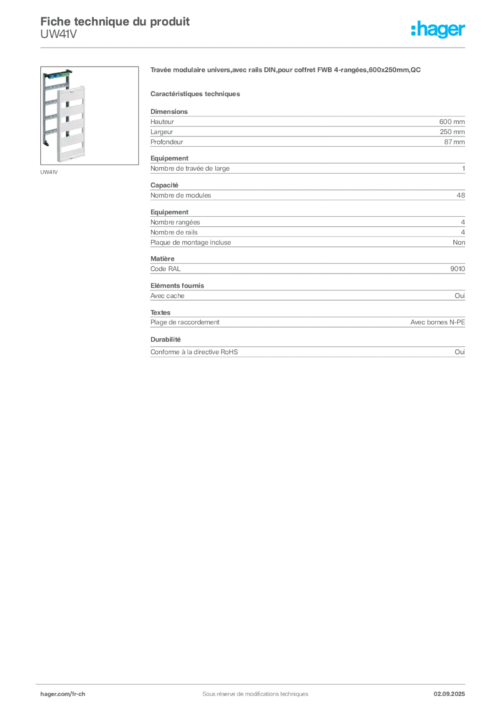 Image Hager Fiche technique du produit UW41V | Hager Suisse