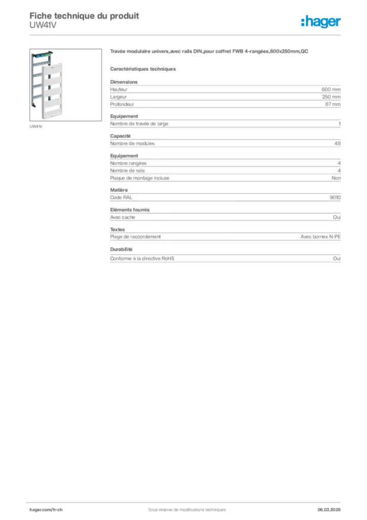 Image Hager Fiche technique du produit UW41V | Hager Suisse