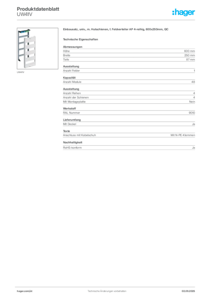 Bild Hager Produktdatenblatt UW41V | Hager Deutschland