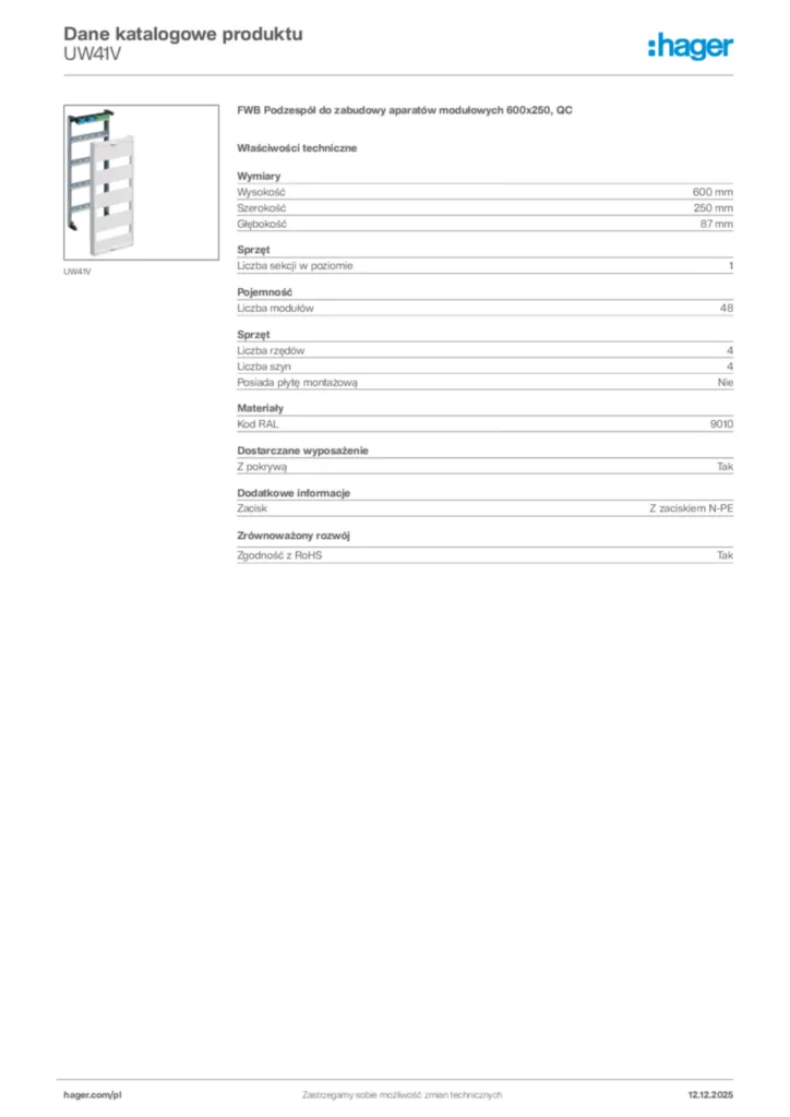 Zdjęcie Hager Karta katalogowa UW41V | Hager Polska