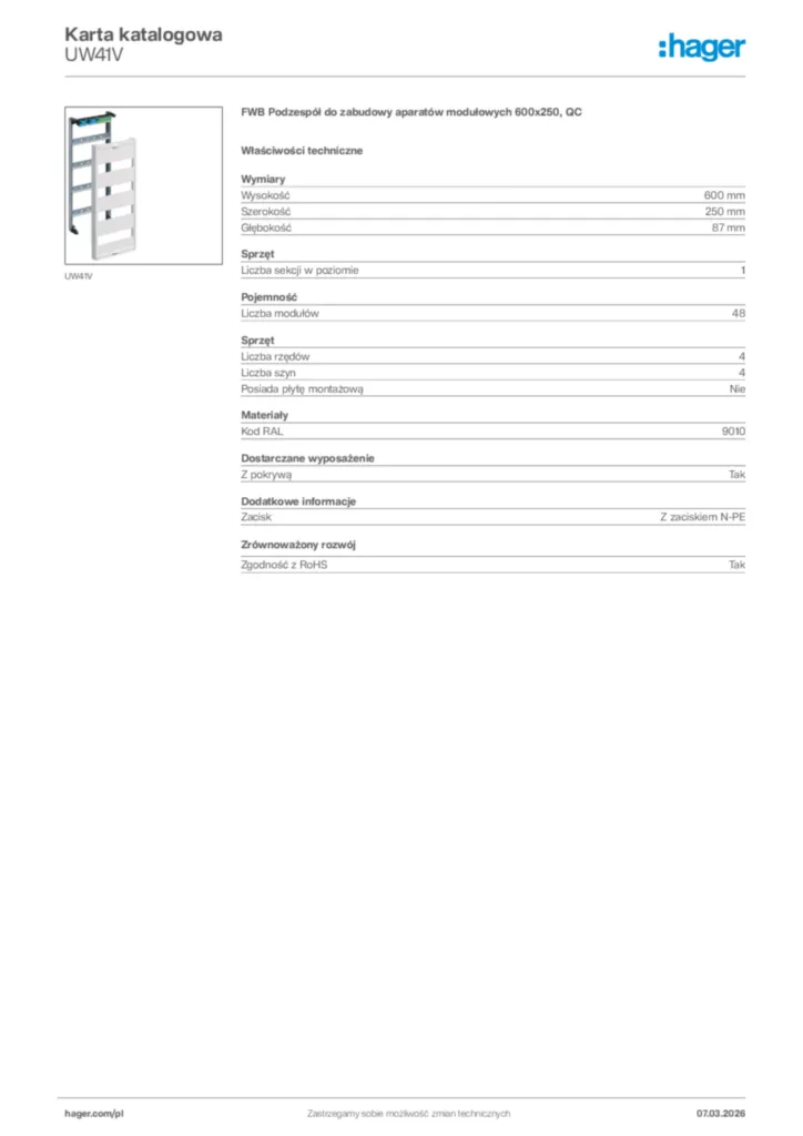 Zdjęcie Hager Karta katalogowa UW41V | Hager Polska