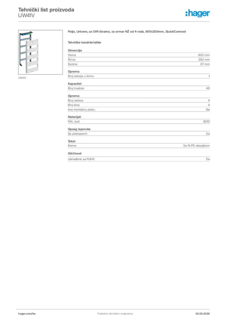 Slika Hager Tehnički list proizvoda UW41V  | Hager