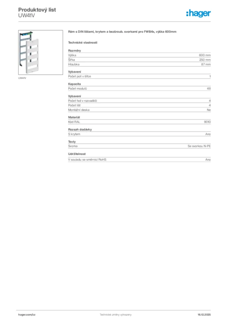 Obrázek Hager Produktový list UW41V | Hager