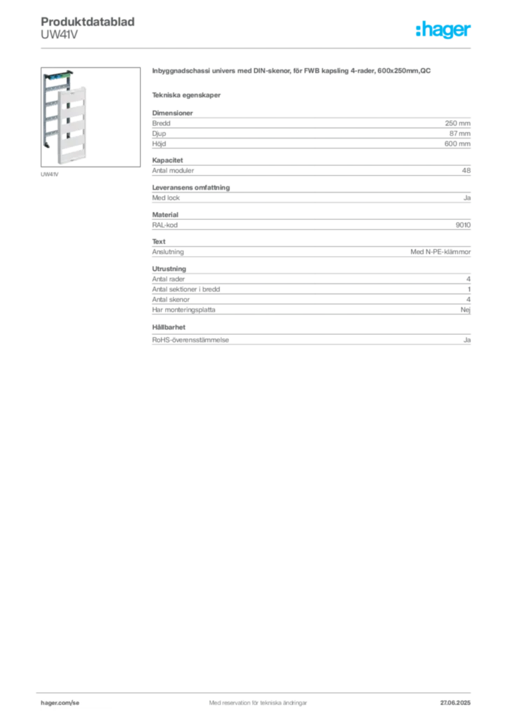 Bild Hager Produktdatablad UW41V | Hager Sverige