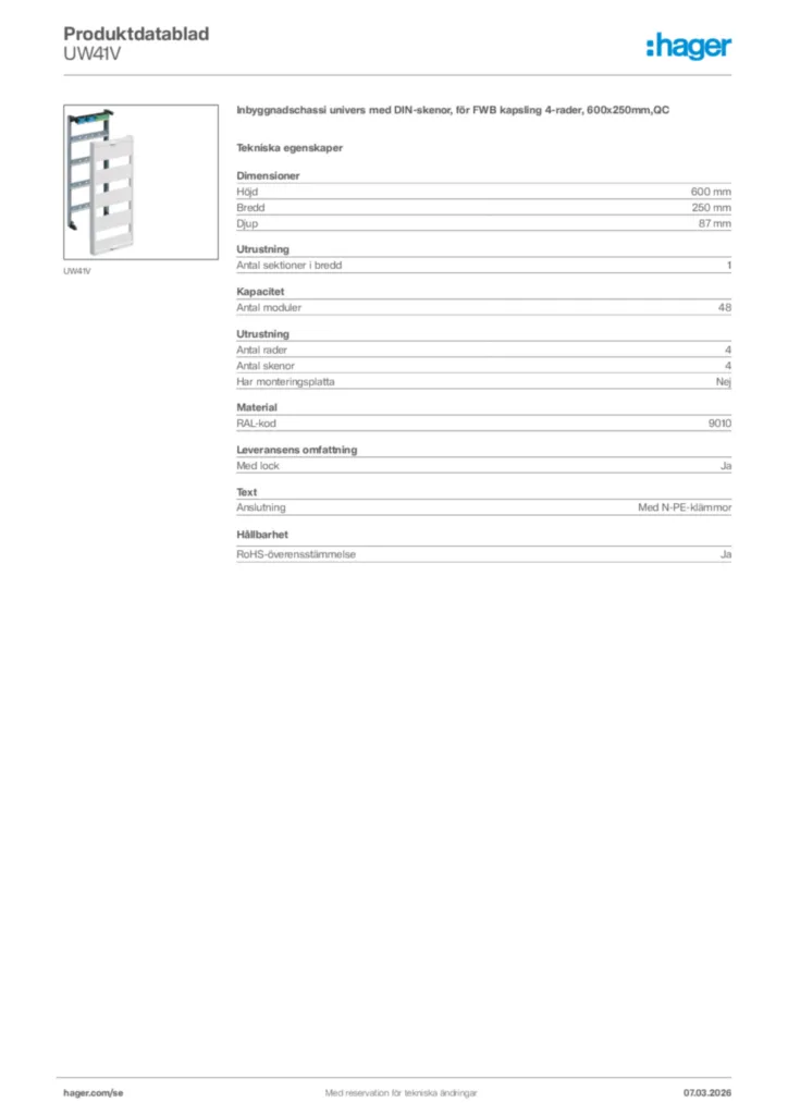 Bild Hager Produktdatablad UW41V | Hager Sverige