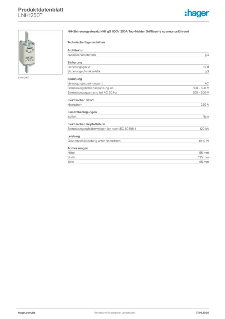 Bild Hager Produktdatenblatt LNH1250T | Hager Deutschland