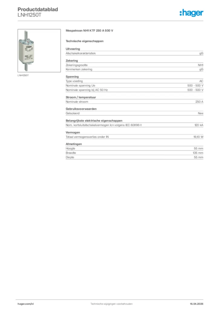 Afbeelding Hager Productdatablad LNH1250T | Hager Nederland