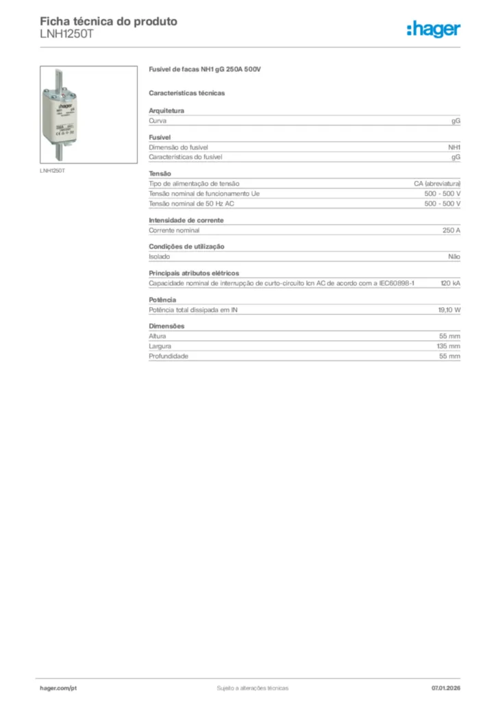 Imagem Hager Ficha técnica do produto LNH1250T | Hager Portugal