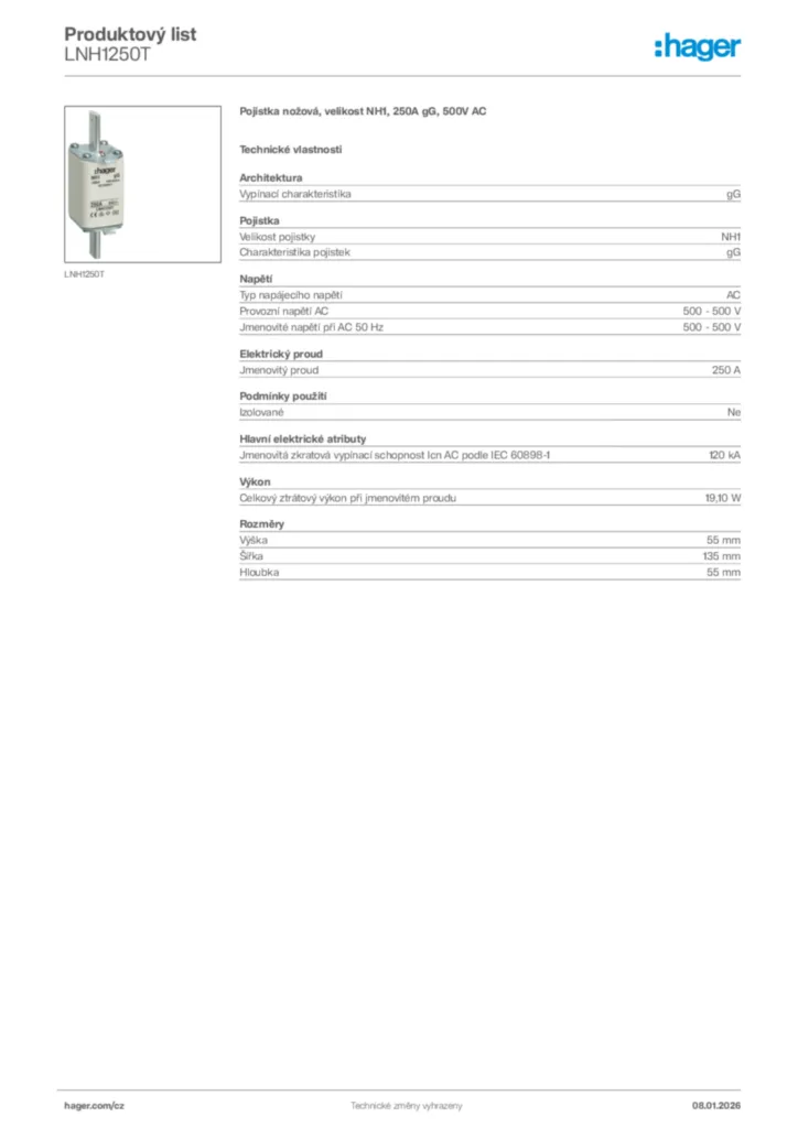 Obrázek Hager Product data sheet LNH1250T | Hager