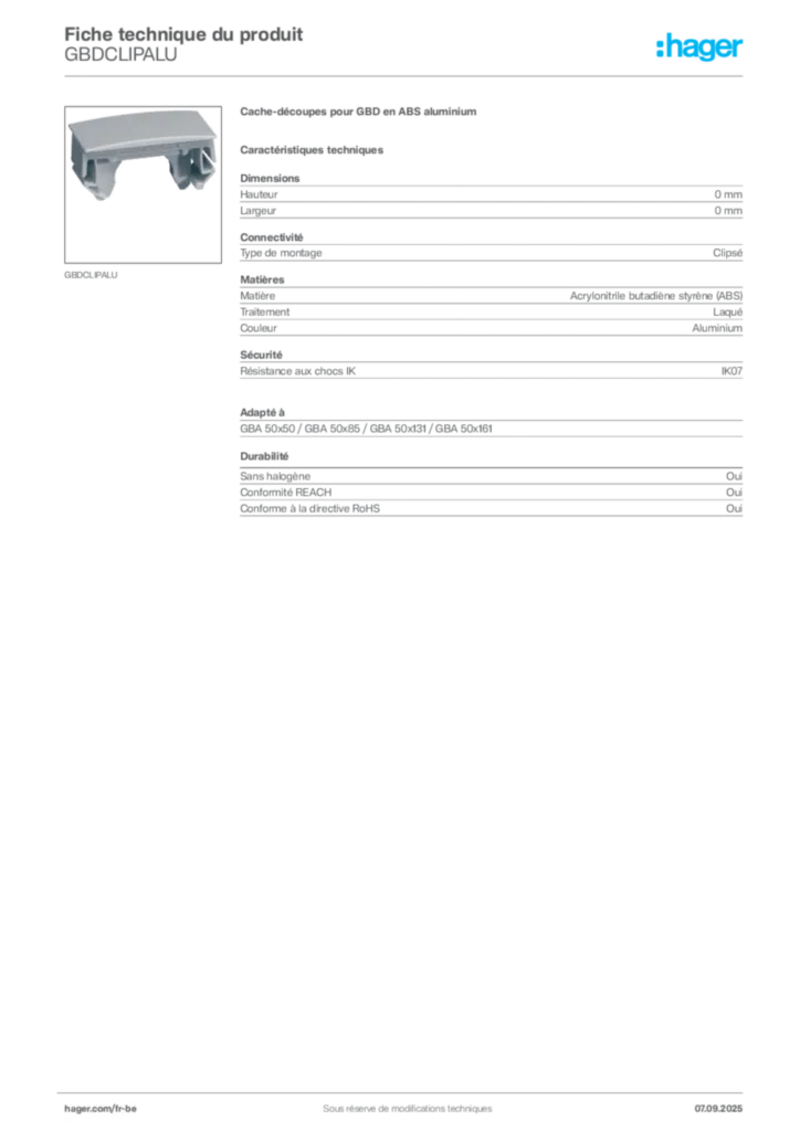 Image Hager Fiche technique du produit GBDCLIPALU | Hager Belgique