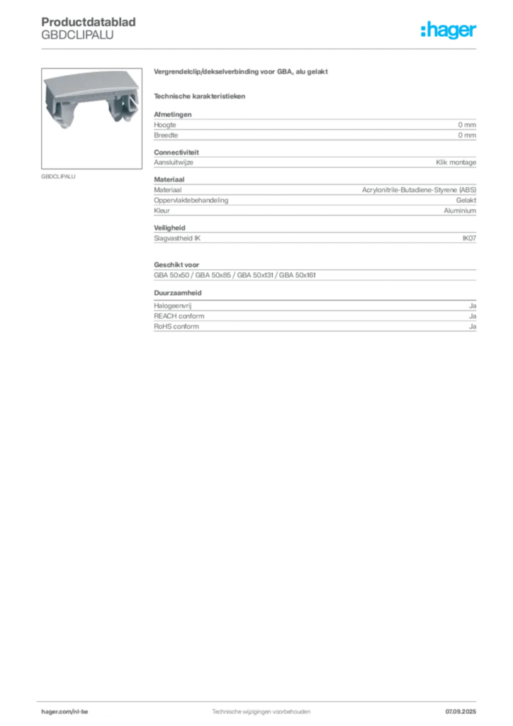 Afbeelding Hager Productdatablad GBDCLIPALU | Hager Belgium