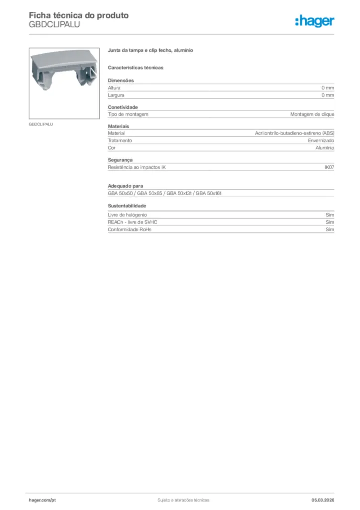 Imagem Hager Ficha técnica do produto GBDCLIPALU | Hager Portugal
