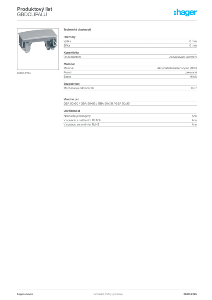 Obrázek Hager Produktový list GBDCLIPALU | Hager