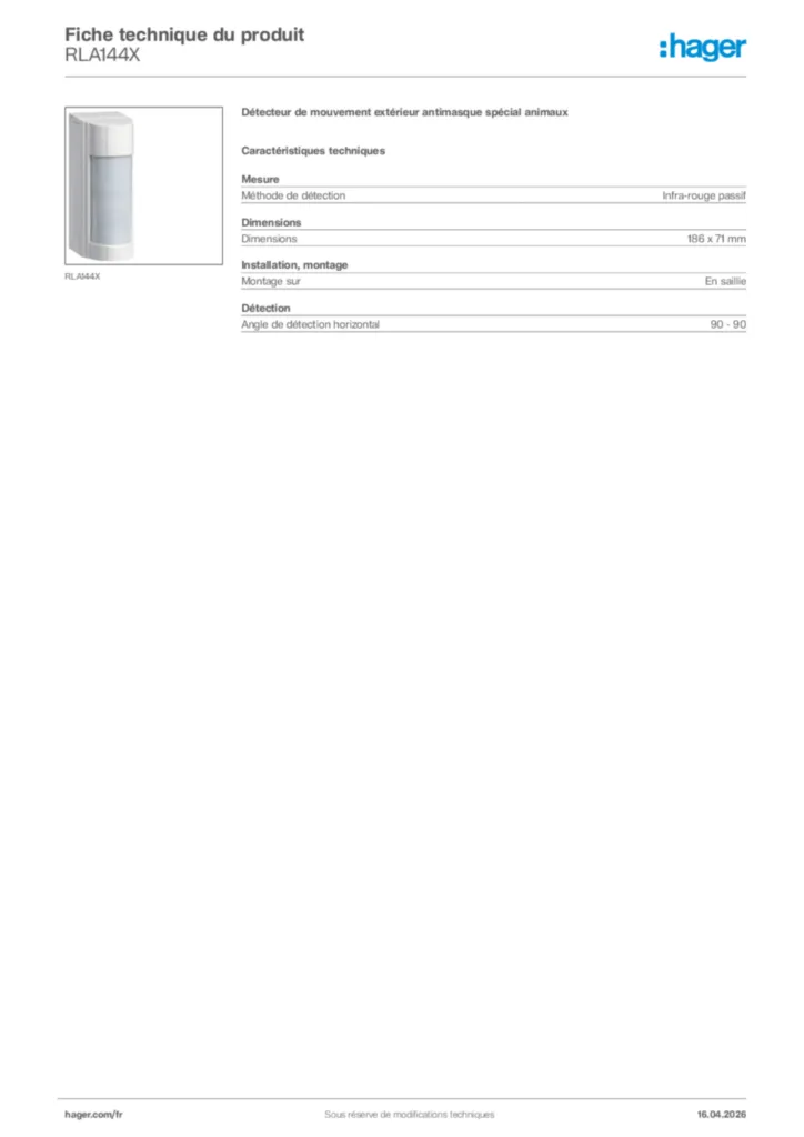 Image Hager Fiche technique du produit RLA144X | Hager France