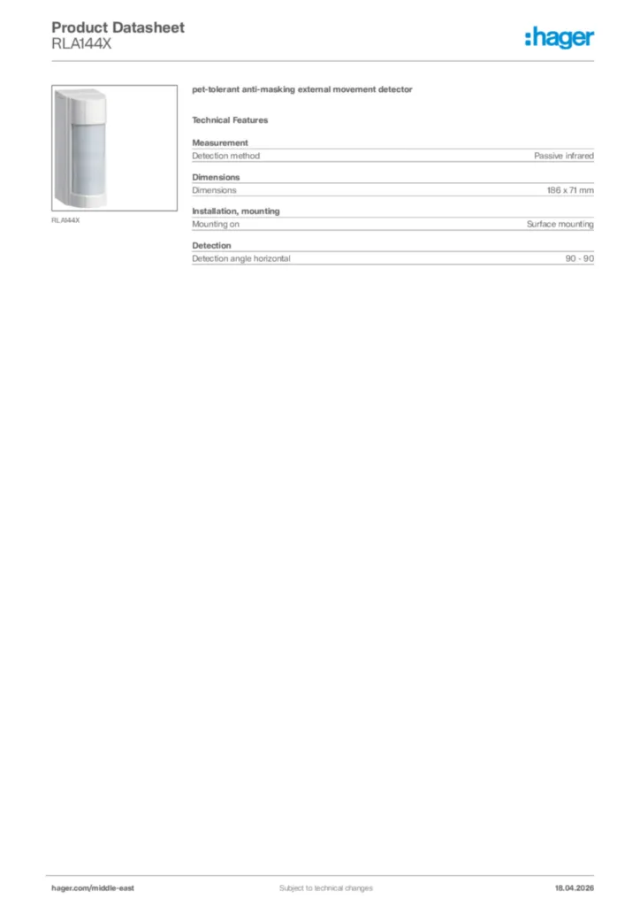 Image Hager Product data sheet RLA144X  | Hager