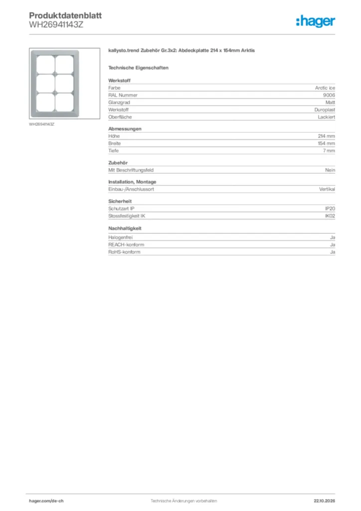 Bild Hager Produktdatenblatt WH26941143Z | Hager Schweiz