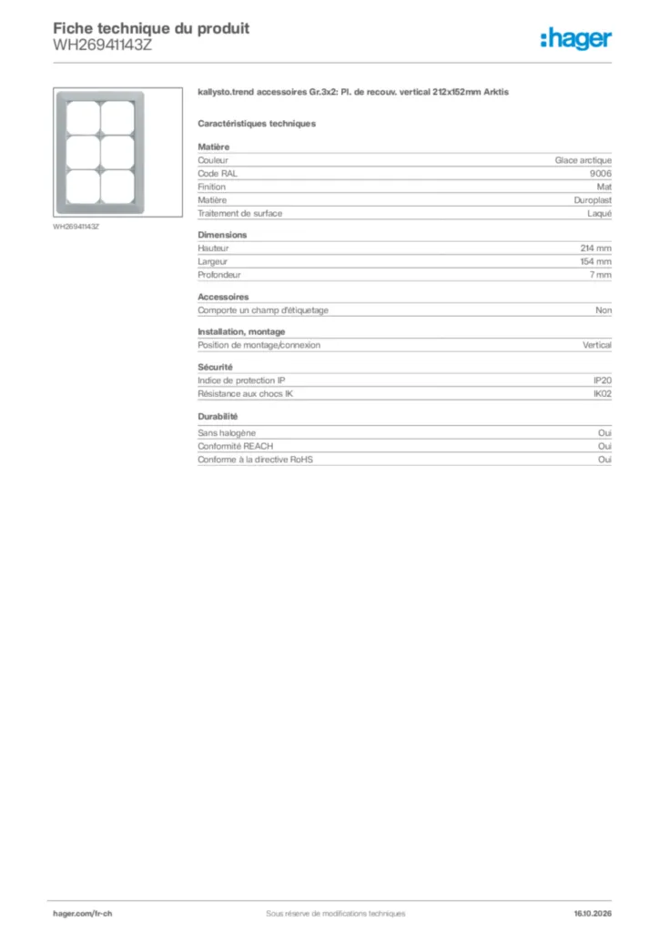 Image Hager Fiche technique du produit WH26941143Z | Hager Suisse