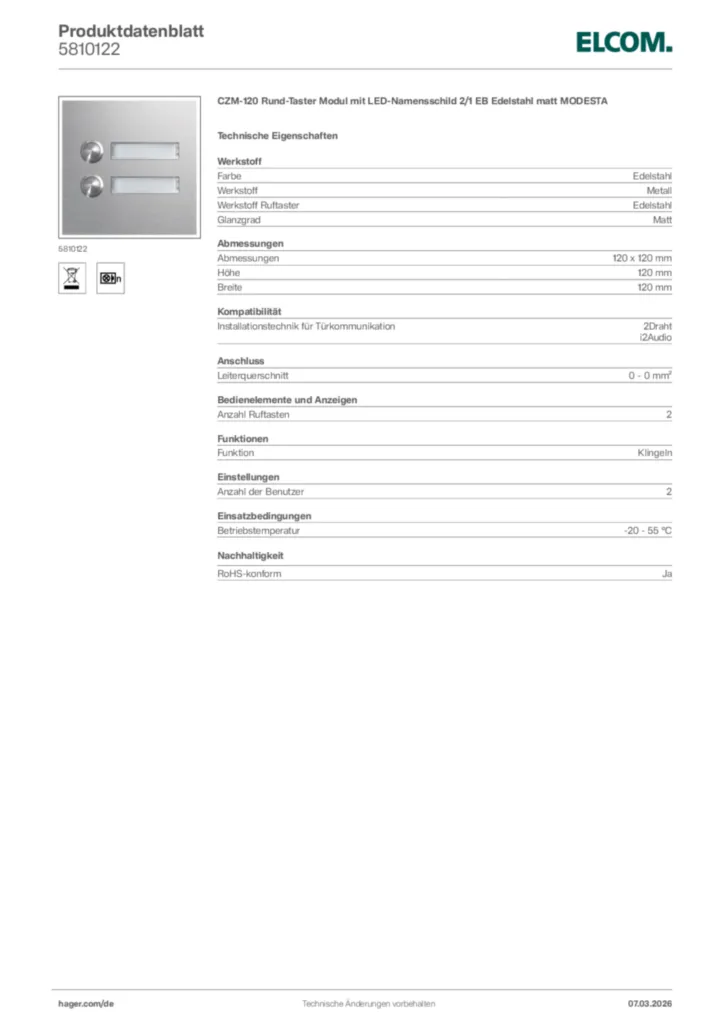 Bild Elcom Produktdatenblatt 5810122 | Hager Deutschland