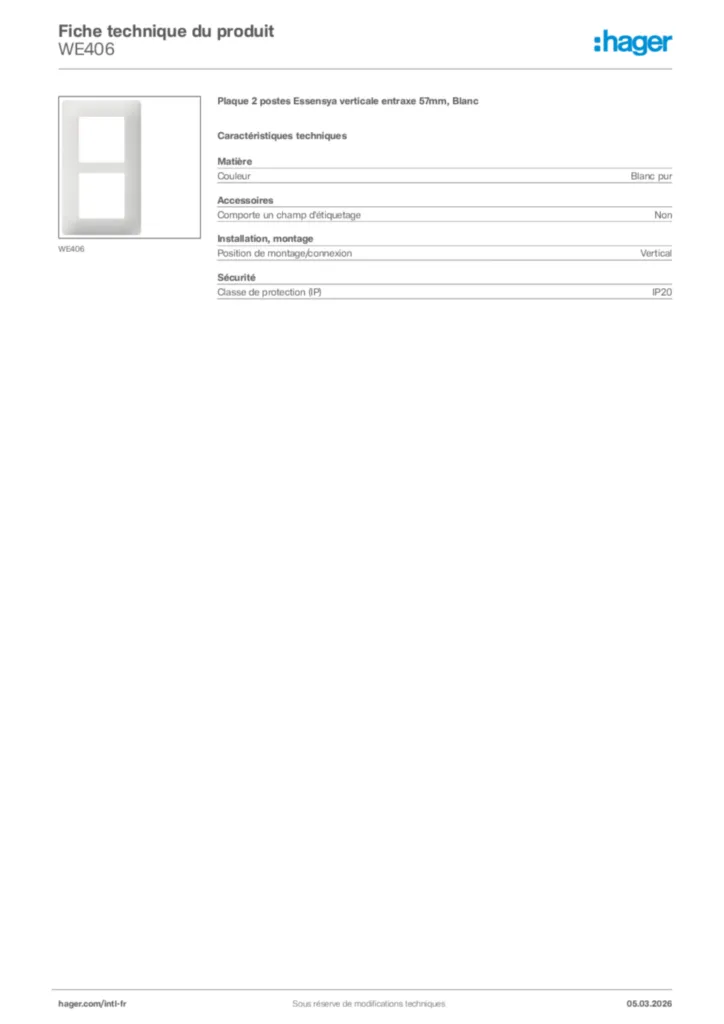 Image Hager Fiche technique du produit WE406 | Hager Afrique