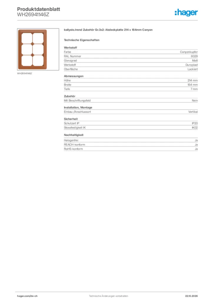 Bild Hager Produktdatenblatt WH26941146Z | Hager Schweiz
