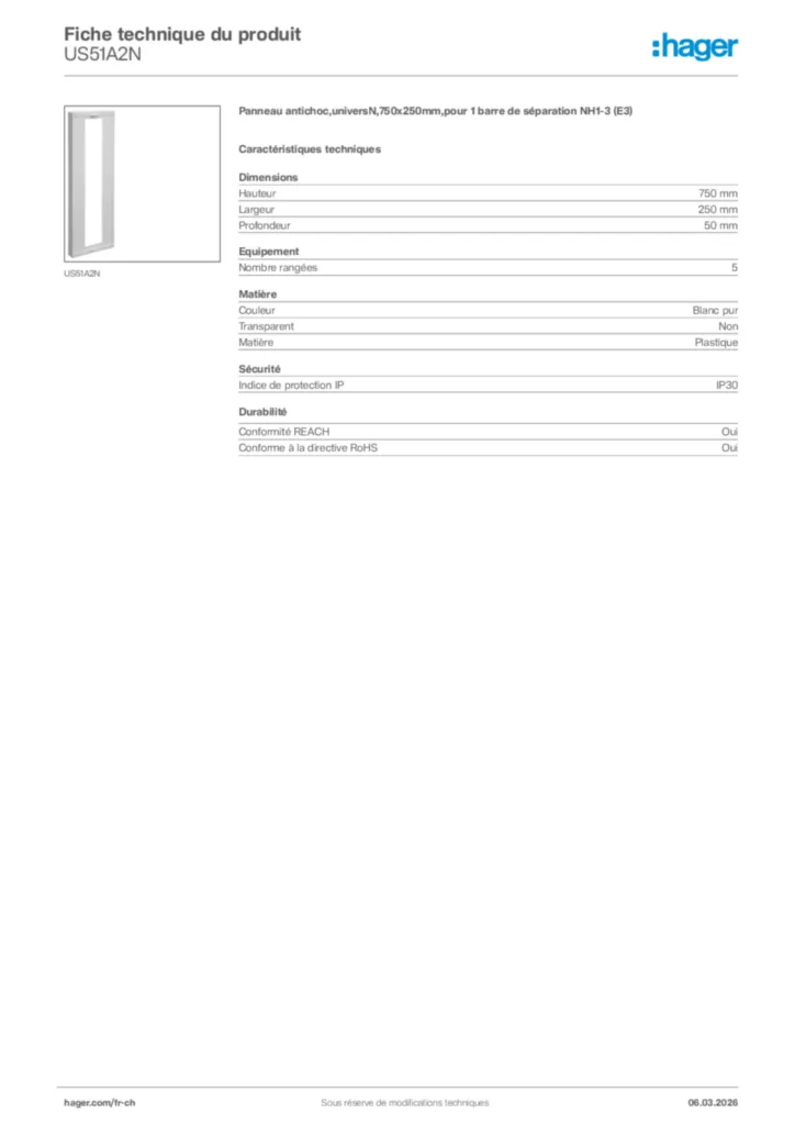 Image Hager Fiche technique du produit US51A2N | Hager Suisse