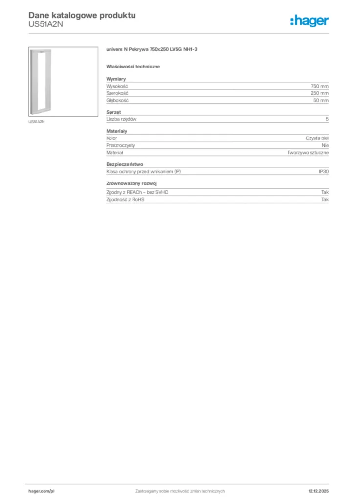 Zdjęcie Hager Karta katalogowa US51A2N | Hager Polska