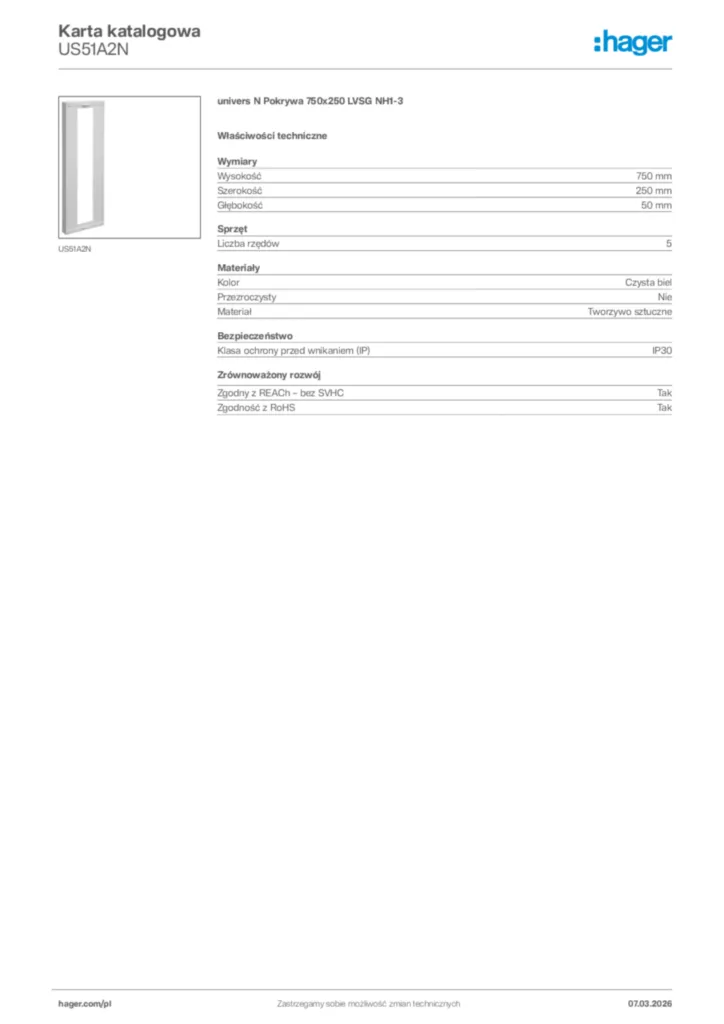 Zdjęcie Hager Karta katalogowa US51A2N | Hager Polska