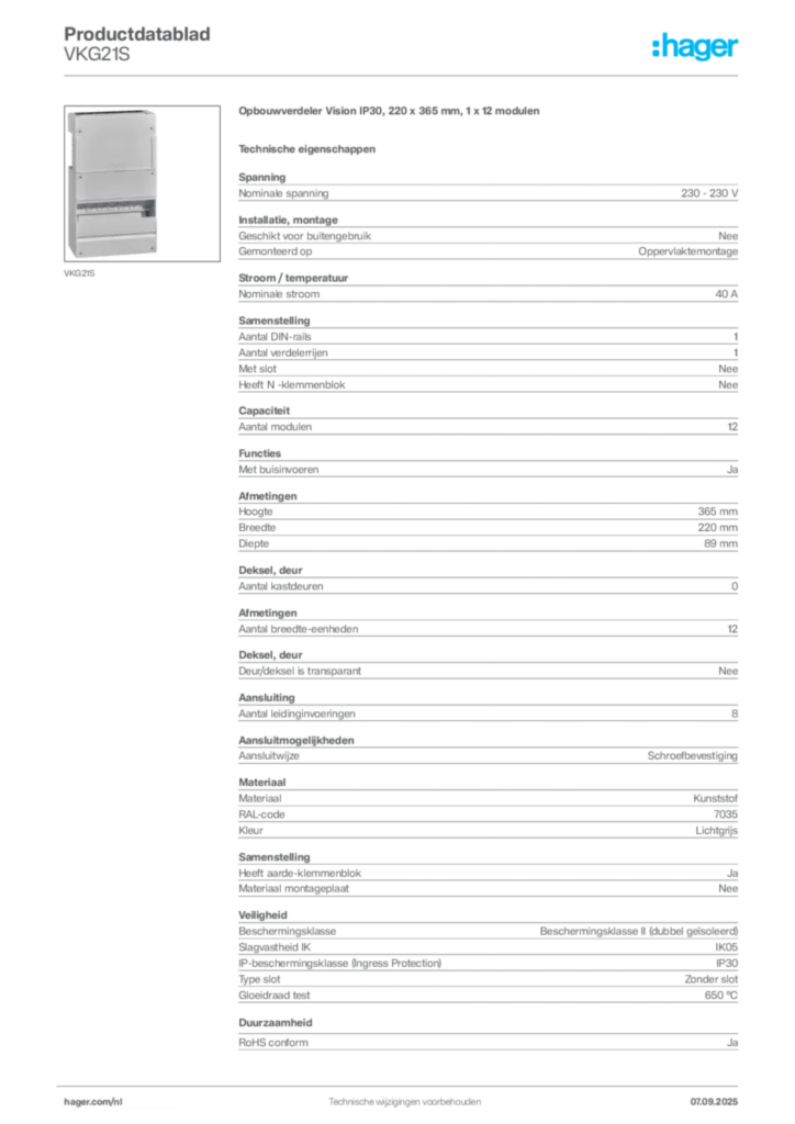 Afbeelding Hager Productdatablad VKG21S | Hager Nederland