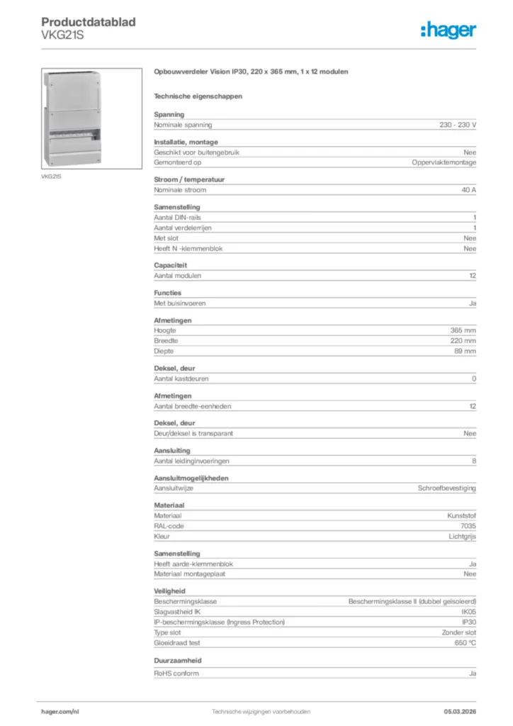 Afbeelding Hager Productdatablad VKG21S | Hager Nederland