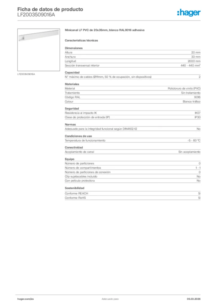 Imagen Hager Ficha de datos de producto LF2003509016A | Hager España