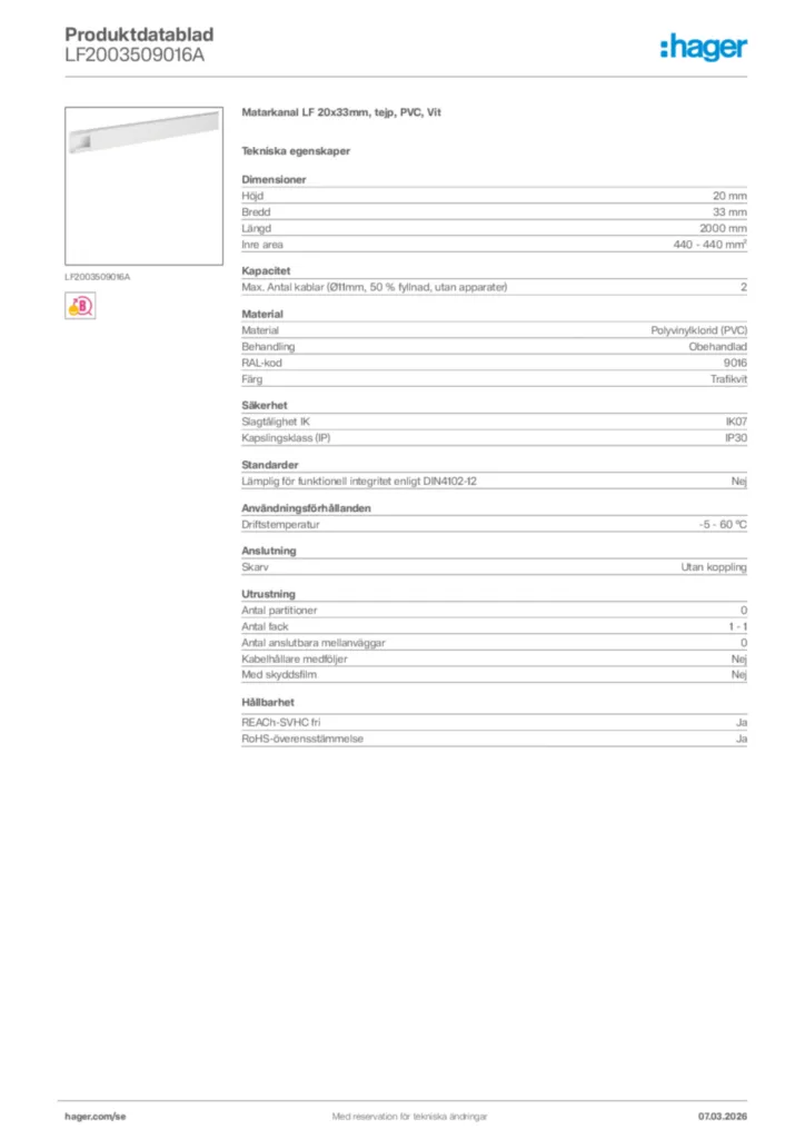 Bild Hager Produktdatablad LF2003509016A | Hager Sverige