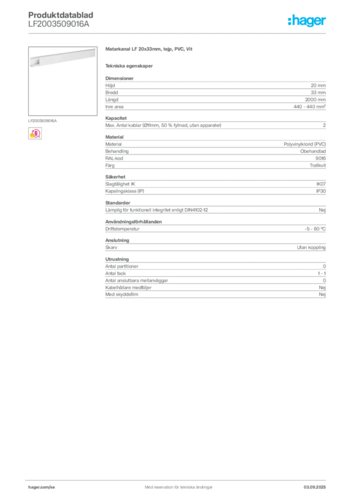 Bild Hager Produktdatablad LF2003509016A | Hager Sverige