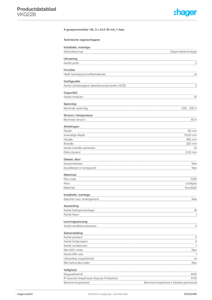 Afbeelding Hager Productdatablad VKG22B | Hager Nederland