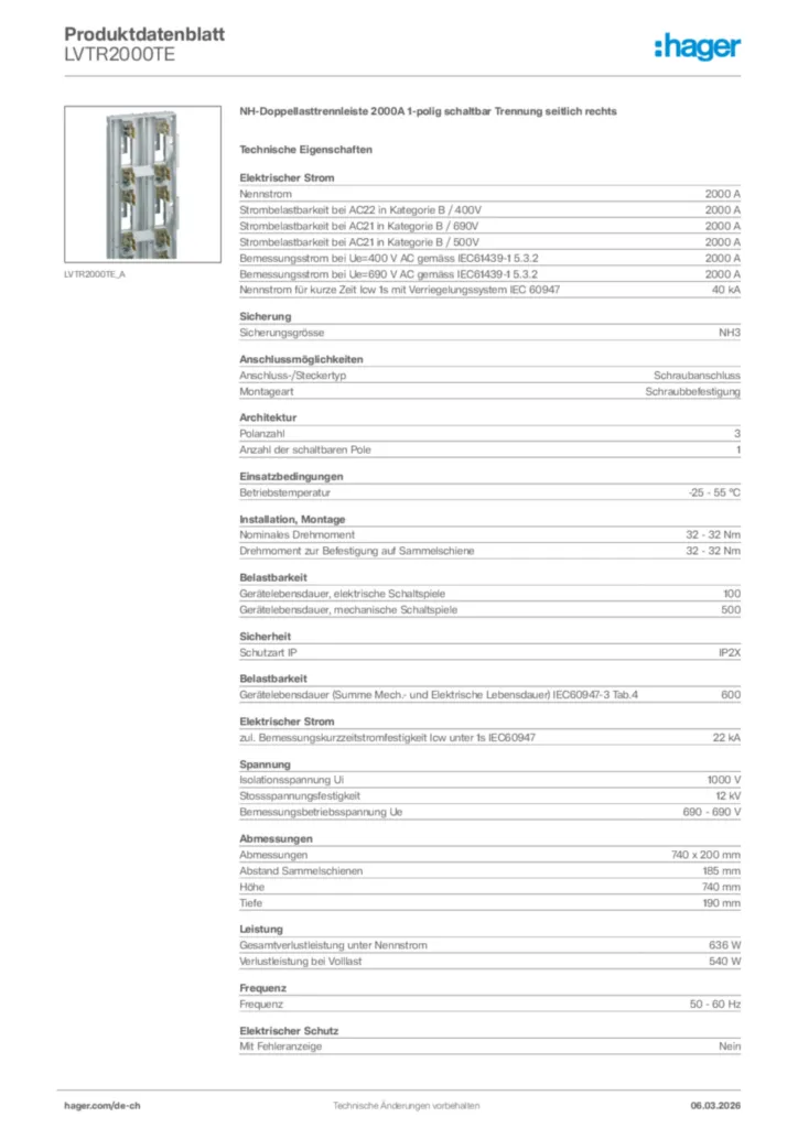 Bild Hager Produktdatenblatt LVTR2000TE | Hager Schweiz