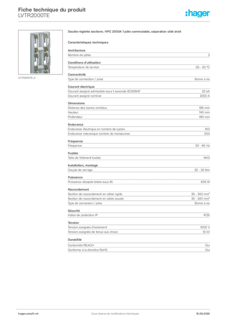 Image Hager Fiche technique du produit LVTR2000TE | Hager Suisse