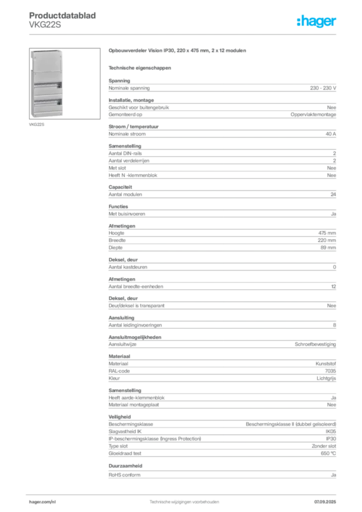 Afbeelding Hager Productdatablad VKG22S | Hager Nederland