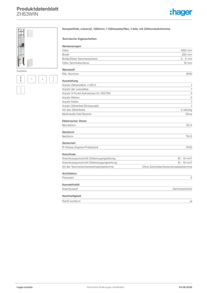 Bild Hager Produktdatenblatt ZH53W1N | Hager Deutschland