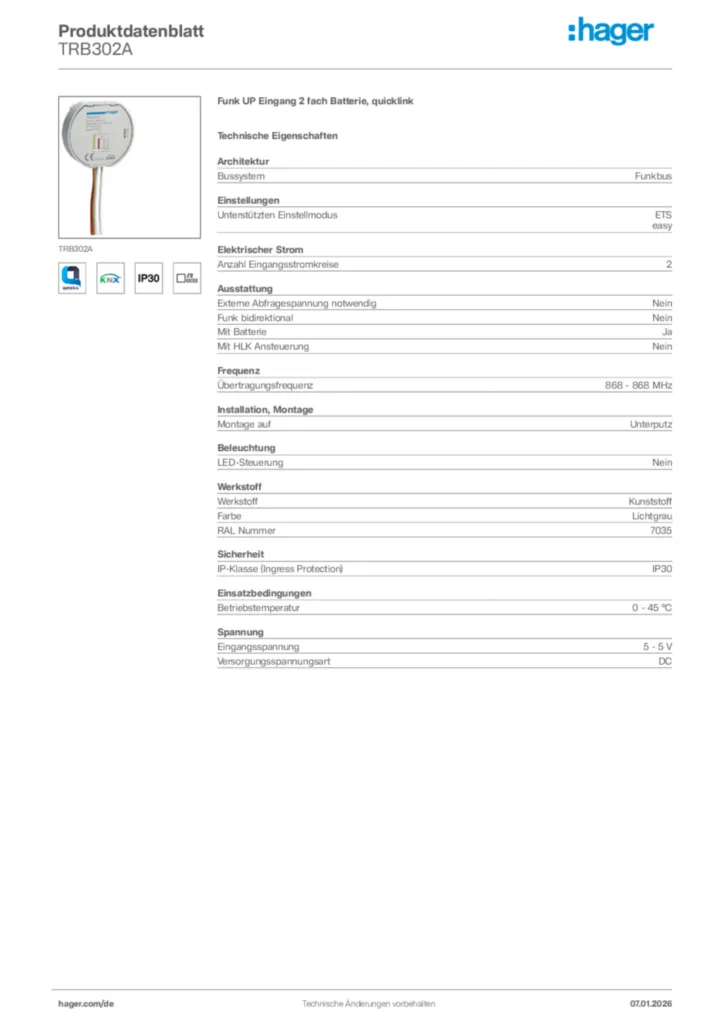 Bild Hager Produktdatenblatt TRB302A | Hager Deutschland