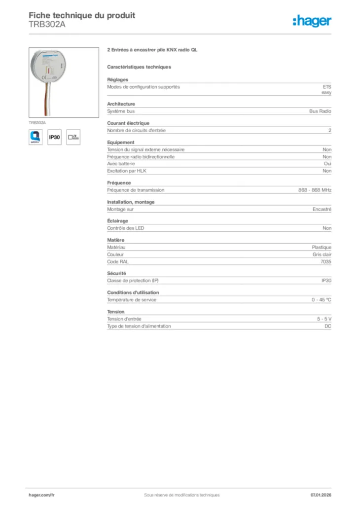 Image Hager Fiche technique du produit TRB302A | Hager France