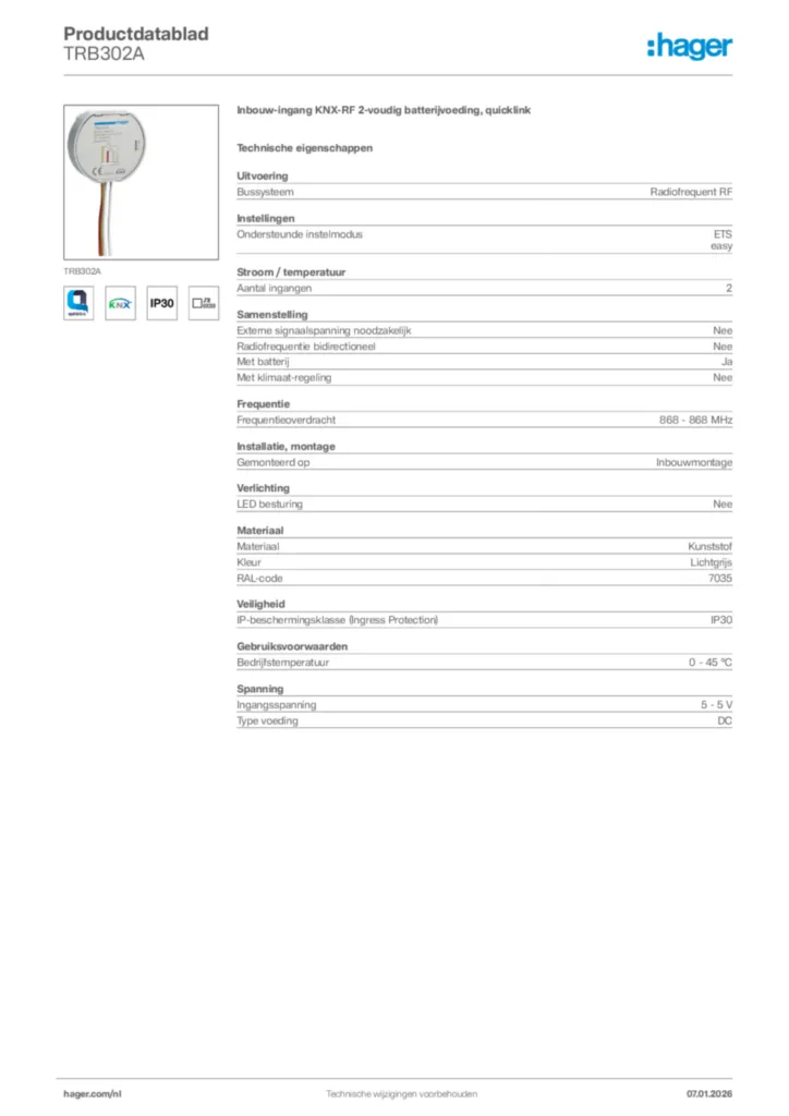 Afbeelding Hager Productdatablad TRB302A | Hager Nederland