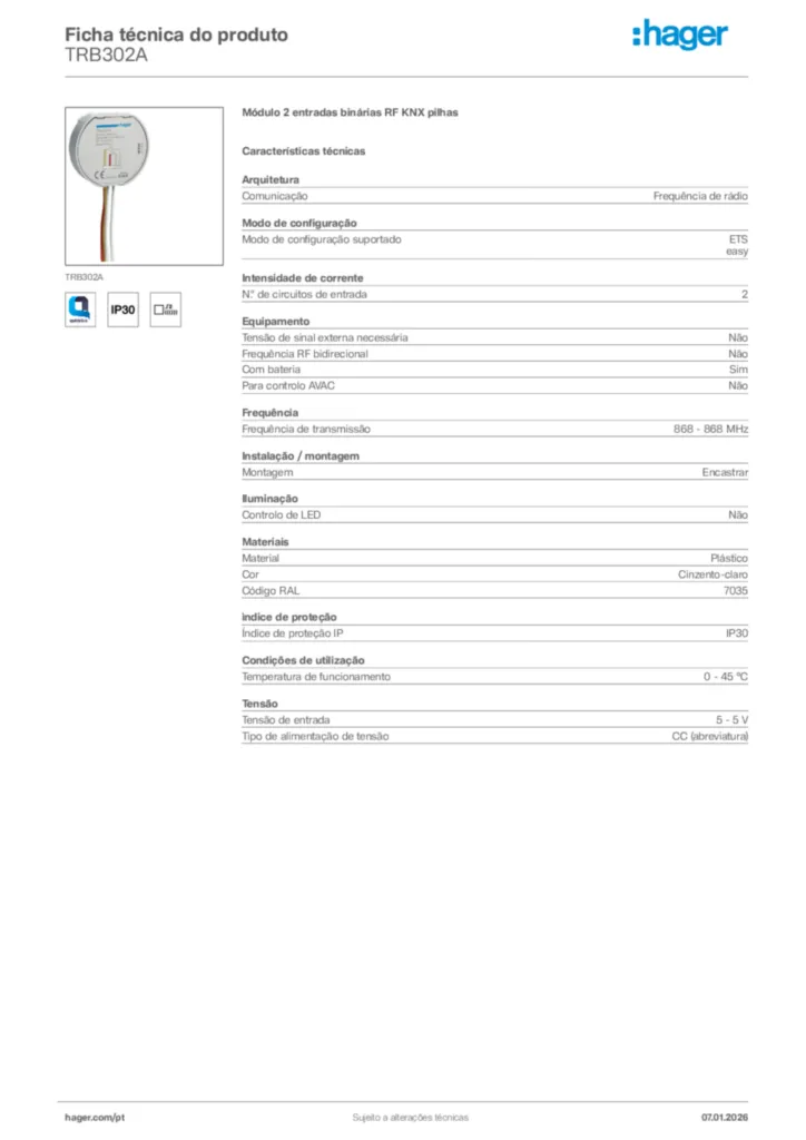 Imagem Hager Ficha técnica do produto TRB302A | Hager Portugal