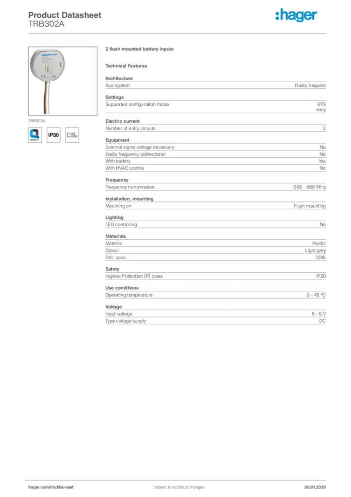 Image Hager Product data sheet TRB302A  | Hager