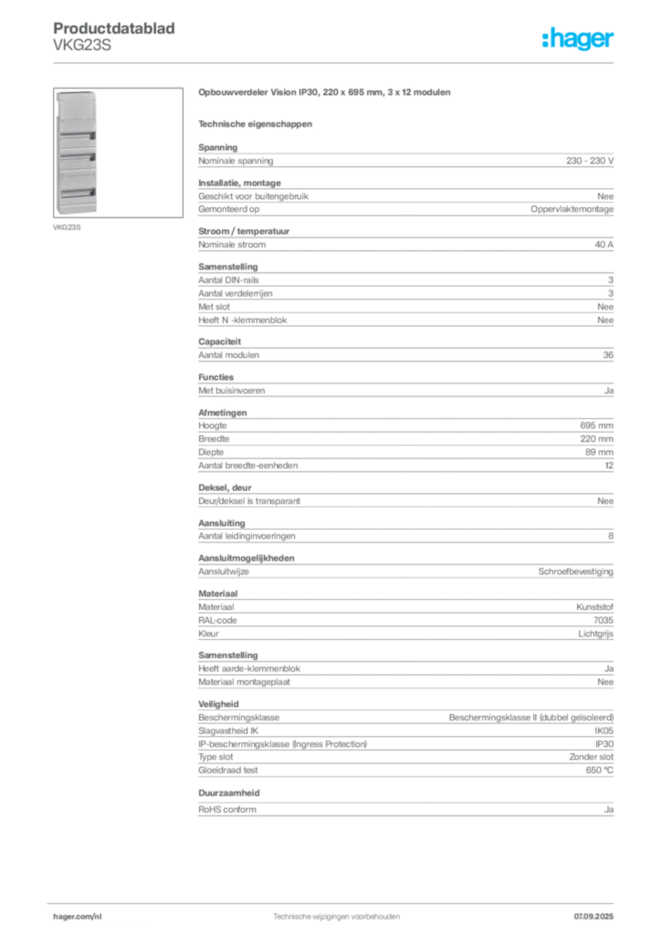 Afbeelding Hager Productdatablad VKG23S | Hager Nederland