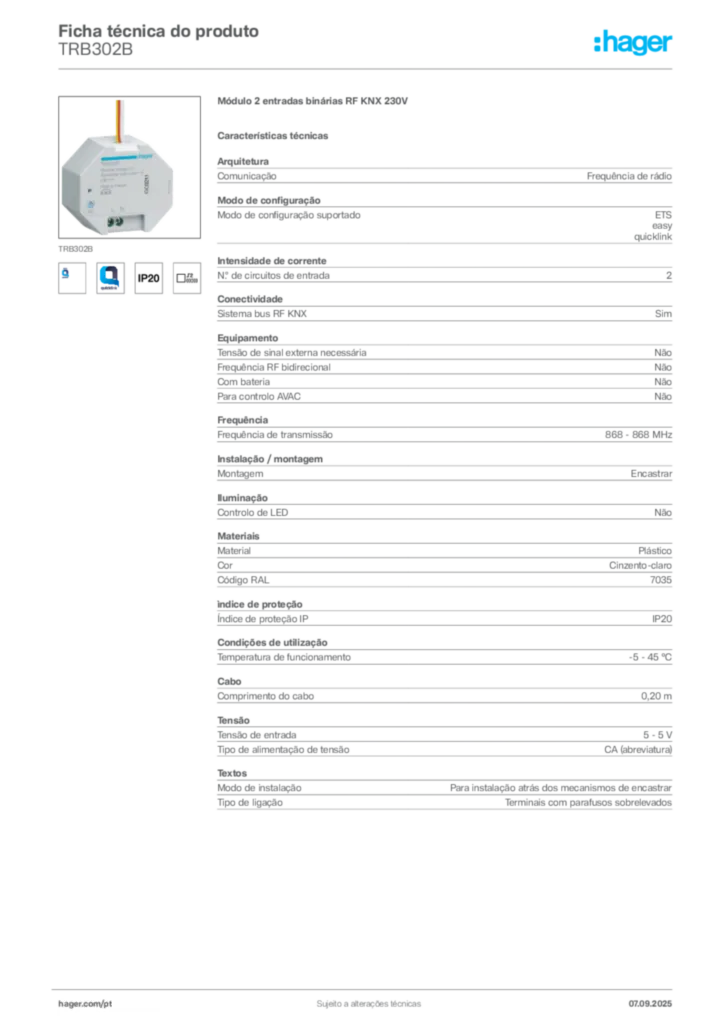 Imagem Hager Ficha técnica do produto TRB302B | Hager Portugal
